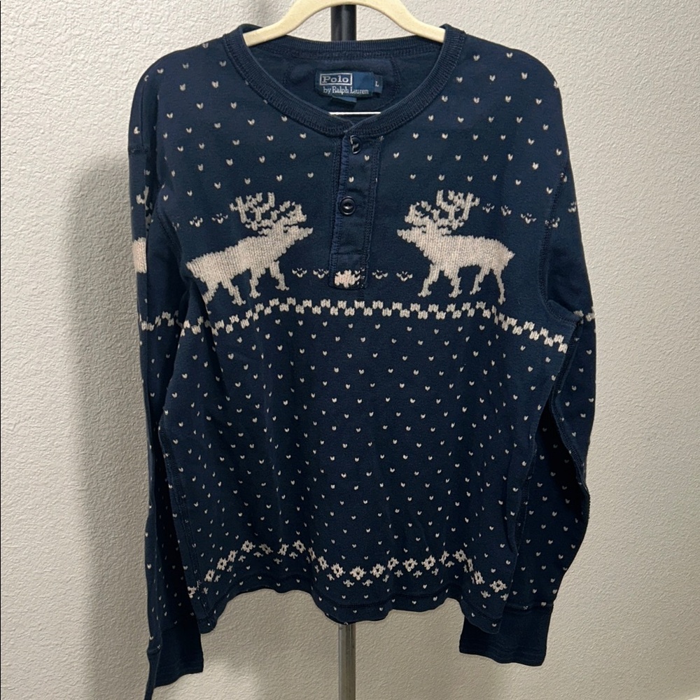 Vintage Polo Ralph Lauren Blue Reindeer Crewneck Sweater - Picture 2 of 12